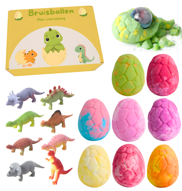 Bombas de baño - Huevos de dinosaurio con juguetes en su interior - Set de 8 piezas