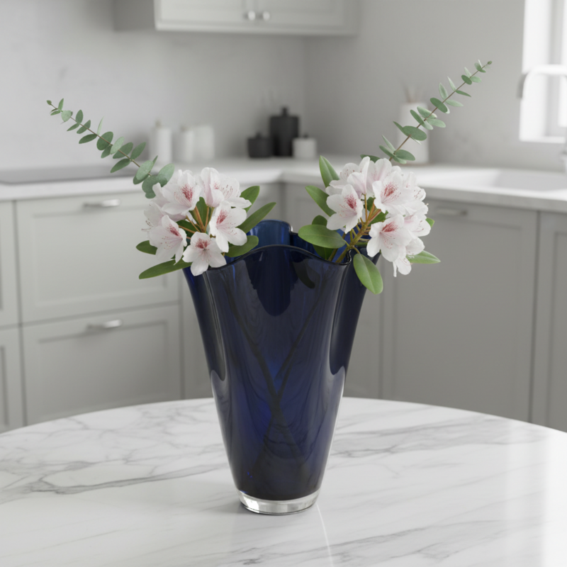 Vase glas bølget mørkeblå bordvase blå glasvase 30 cm høj