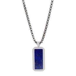Collar de acero inoxidable de plata para hombres con colgante de lapislázuli rectángulo