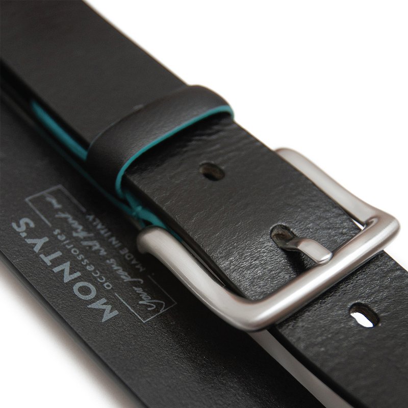 Men's black leather belt. Blue detail. Classic silver buckle 'Cool as you-Blue'