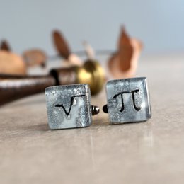 Science cuff links with math symbols Pi and square root, Grey color, Wedding accessories for men