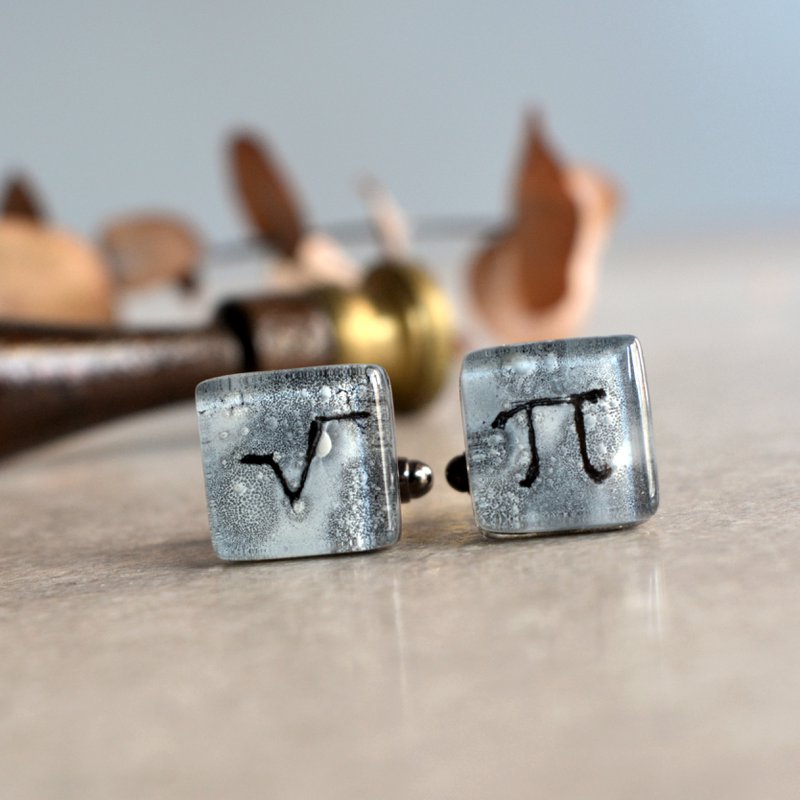 Science cuff links with math symbols Pi and square root, Grey color, Wedding accessories for men