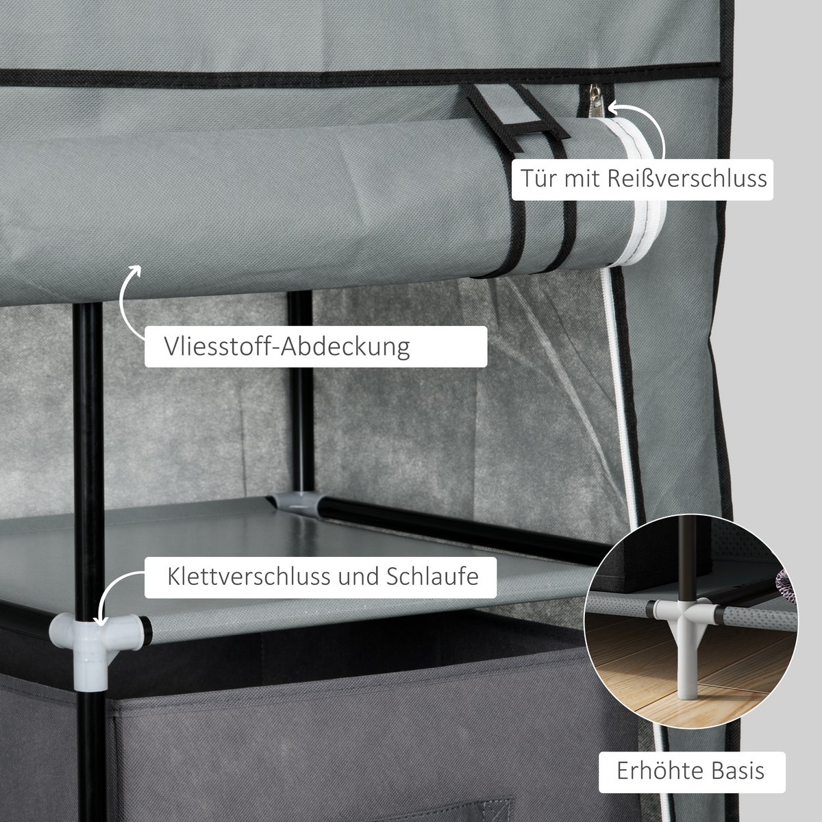 Fabric closet wardrobe foldable cabinet, 1 clothes rail, 6 shelves, 102 x 42.5 x 162.5 cm, gray