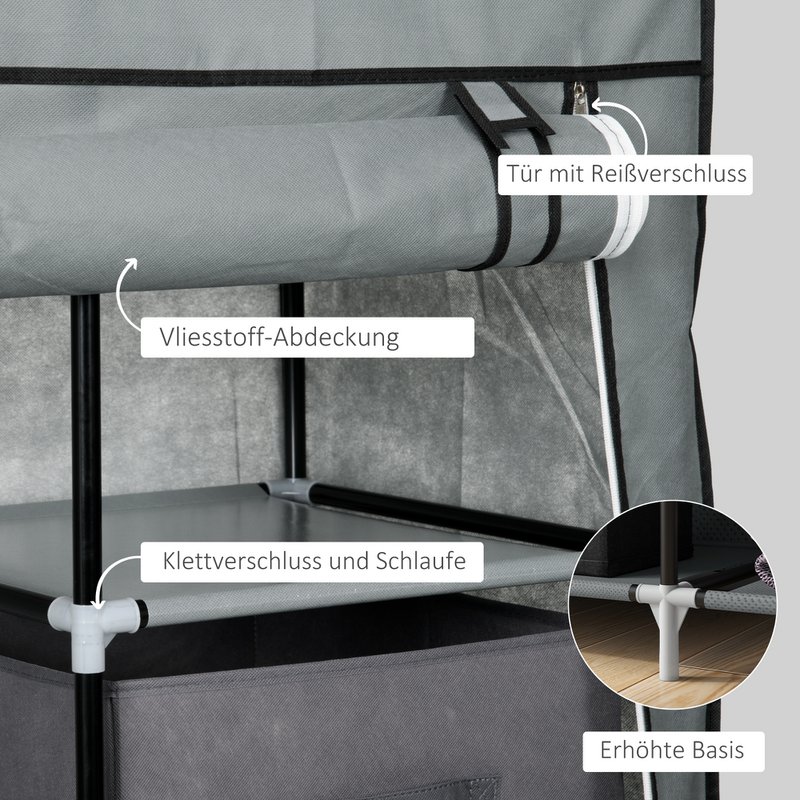 Fabric closet wardrobe foldable cabinet, 1 clothes rail, 6 shelves, 102 x 42.5 x 162.5 cm, gray