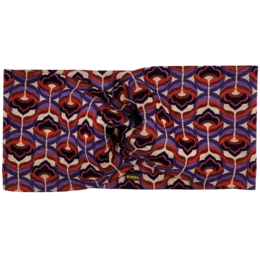  This headband is made of a retro mid-century inspired purple and brown ponte jersey fabric with a repeating abstract floral pattern. The headband has a stretchy, comfortable fit and would be a stylish accessory for any casual or formal outfit.