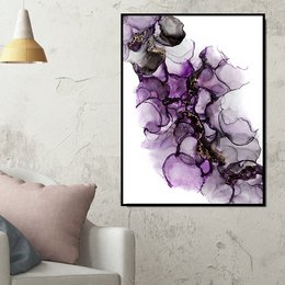 Abstract purple and black ink painting with organic, flowing shapes and textures.