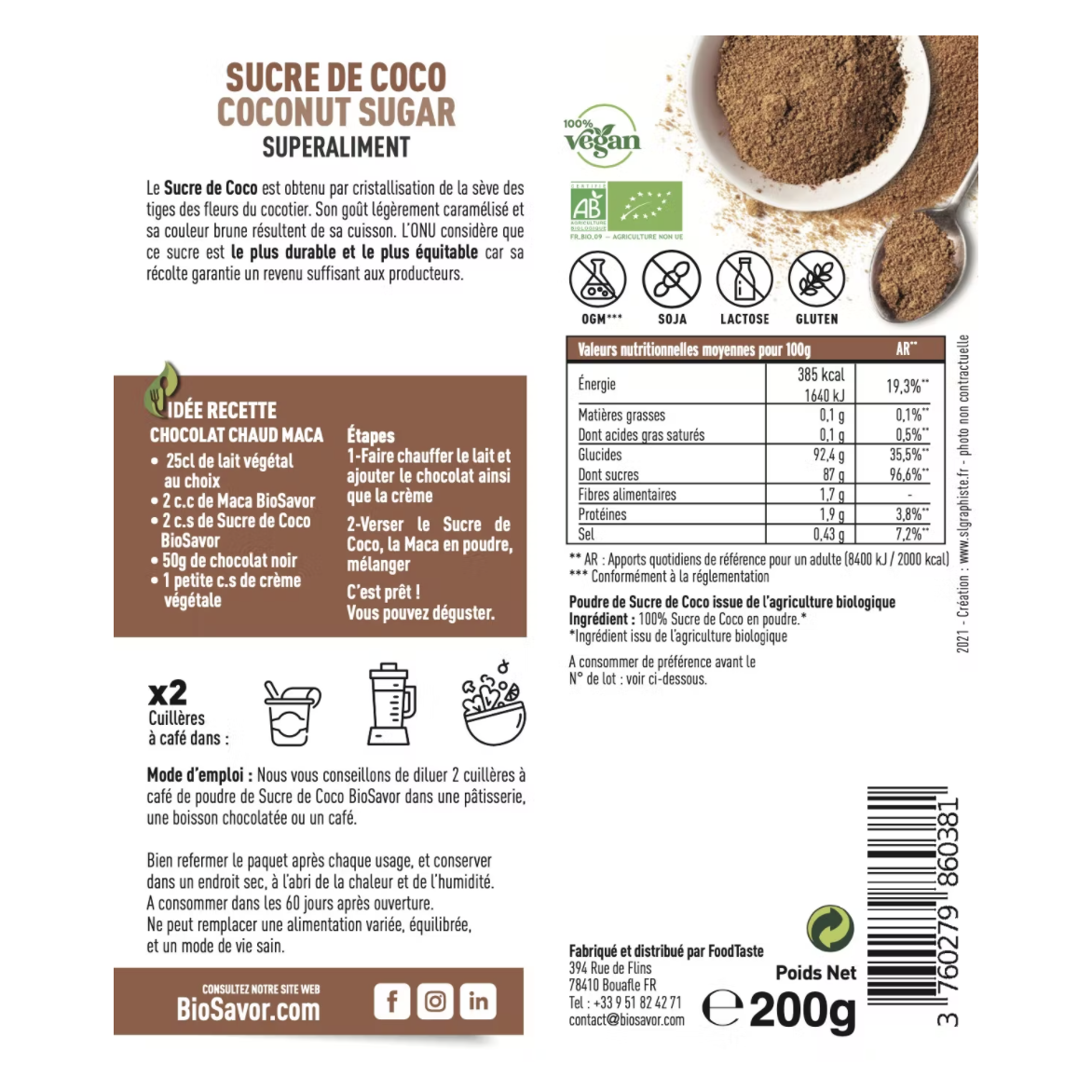 SUCRE DE COCO EN POUDRE - 200G - COMPLÉMENT ALIMENTAIRE