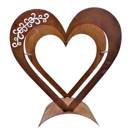 Decorative wooden shelf in a heart shape, available in two sizes (54 x 50 cm, 64 x 60 cm), made of rust metal and wood with a patina finish.