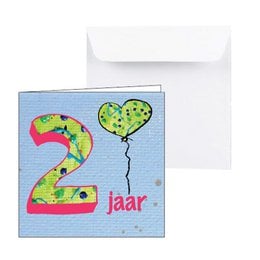 A 2-year birthday card with a heart-shaped balloon and the Dutch text "2 jaar" (2 years) on a blue background.