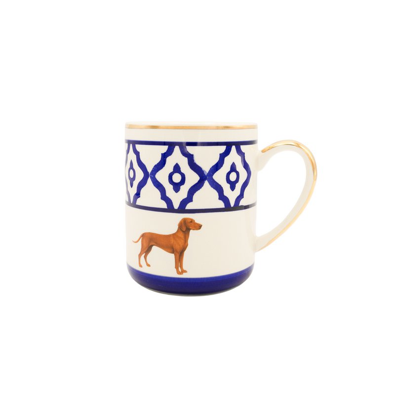 Tasse à café/tasse à café modèle Vizsla en céramique, peinte à la main avec motif Vizsla, bord doré et anse dorée, 250 ml. Contenu de la tasse disponible en rouge, vert et bleu