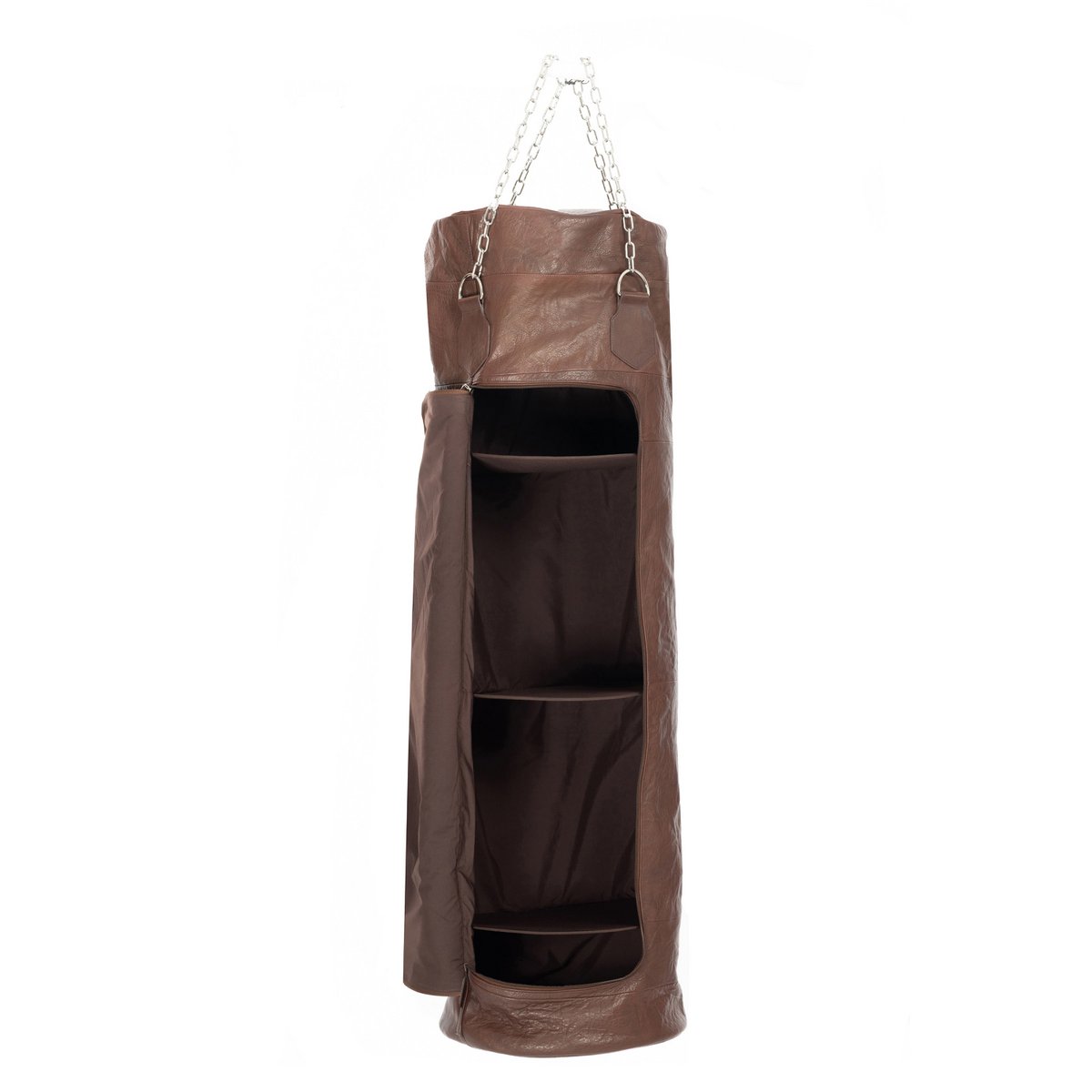 K0036BB | Boxsackbehälter aus echtem Leder, vollnarbig, Rüschen – dunkelbraune Farbe – Zubehör aus poliertem Nickel. Abmessungen: 35 x 35 x 120 cm – Verpackung: TNT-Beutel