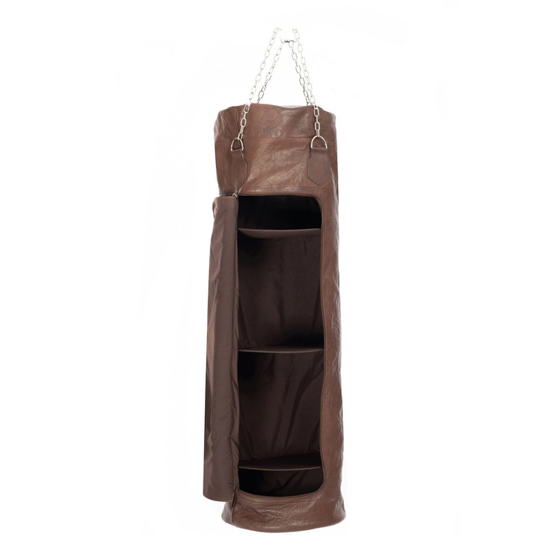 K0036BB | Boxing Bag Container in Genuine Leather, full grain, frills - Dark Brown Color - Polished Nickel Accessories. Dimensions: 35 x 35 x 120 cm - Packaging: Tnt bag