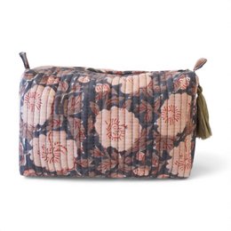 A colorful, patterned cotton toiletry bag with a floral design and a tassel accent. The bag is available in sizes S, M, and L.