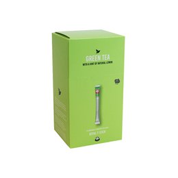 Green tea with lemon, available in 30, 125, and 250 count packages. The product is packaged in a green box with a tea infuser icon.