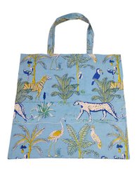 Blue tote bag with animal print: giraffes, zebras, birds, botanical plants pattern.