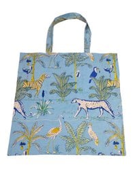 Blue tote bag with animal print: giraffes, zebras, birds, botanical plants pattern.