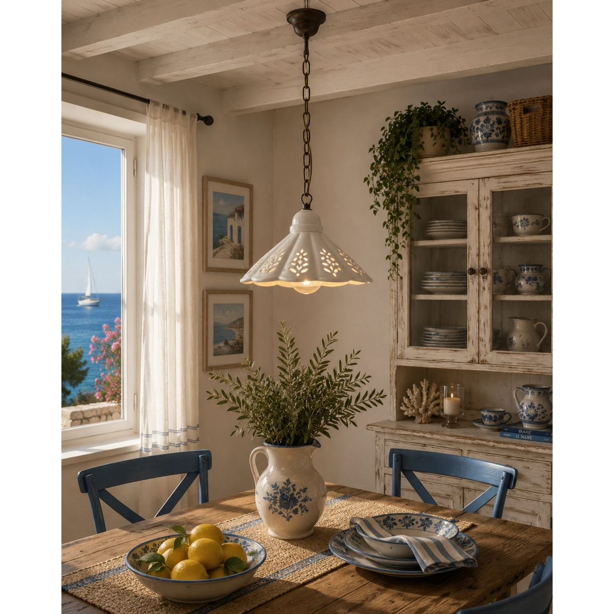 Perforated ceramic handkerchief chandelier d 30 cm with chain