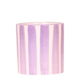  Lilac-colored ceramic plant pot with painted vertical stripes, suitable for holding a small potted plant or flower.