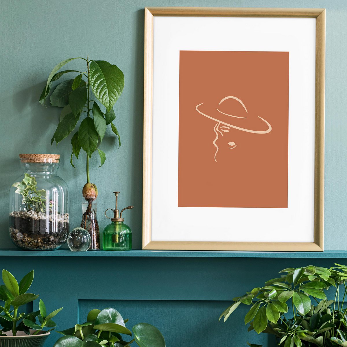 Lady Wearing Hat Natural Minimal Print