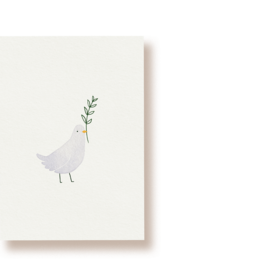 A simple, minimalist postcard featuring a white dove holding a sprig of greenery.