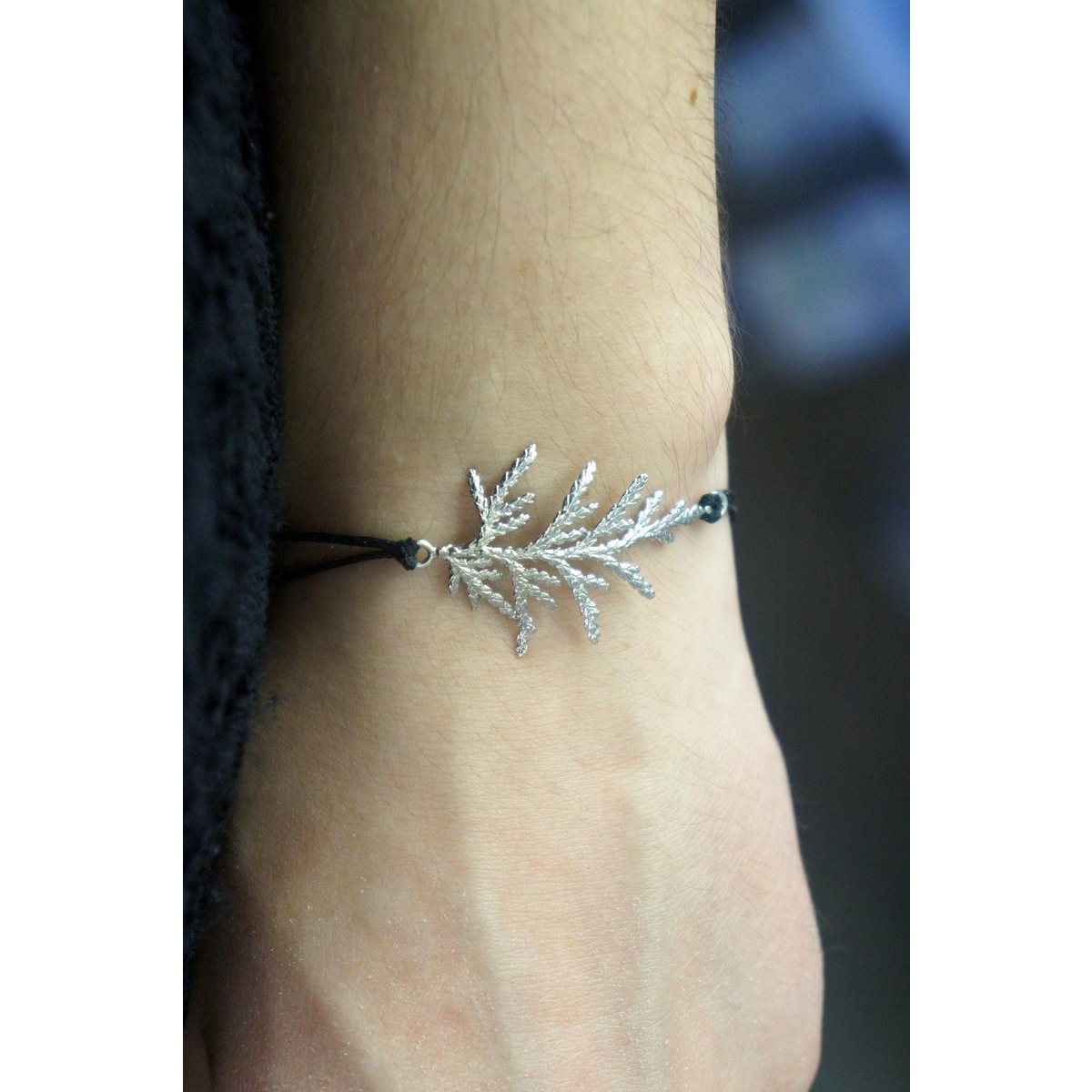 Botanical Macrame Bracelet: Cypress Leaf Design - Sterling Silver