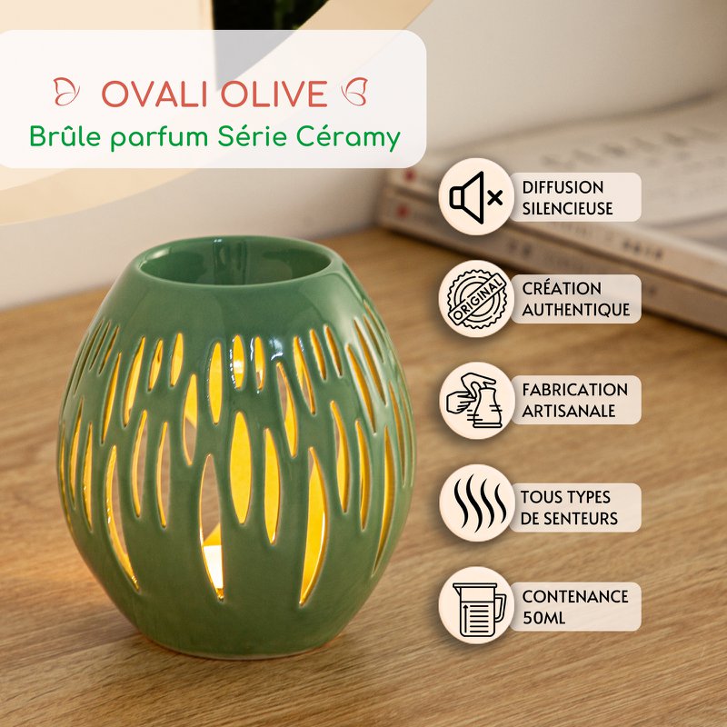 Kominek do perfum z serii Céramy – Ovali Olive – Lakierowany ceramiczny świecznik – Dyfuzja wosków zapachowych, olejków eterycznych – Dekoracyjny pomysł na prezent