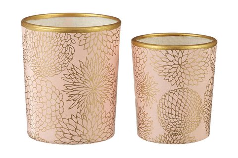 Medium Tealight Holder Made of Glass & Chiyogami Paper | Big chrysanthemum / Peach | Hand made
