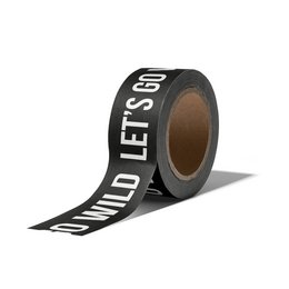 A roll of black and white washi tape with the text "WILD LETS GO" printed on it. The tape appears to be decorative and suitable for crafting or scrapbooking projects.
