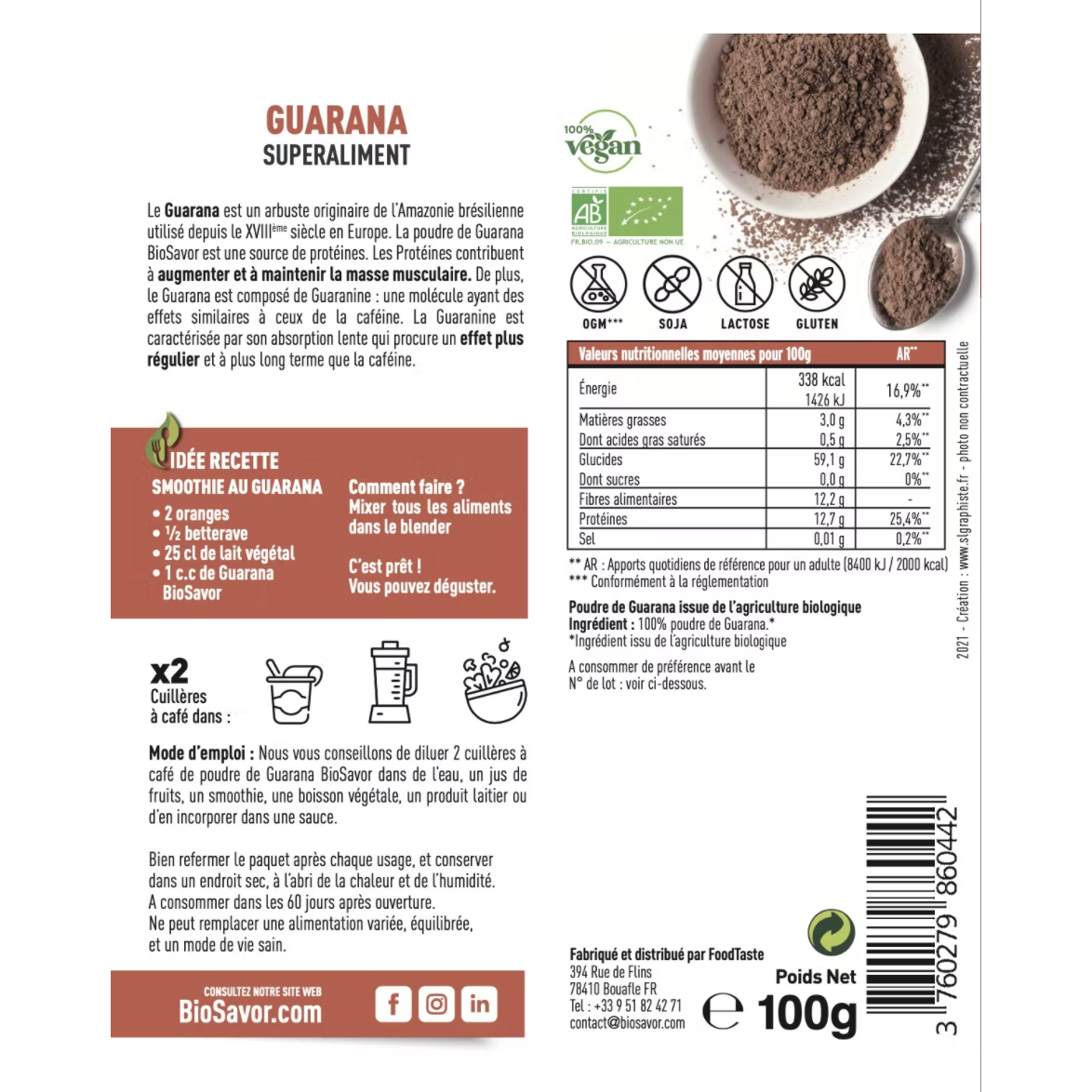 GUARANA POUDRE - 100G - COMPLÉMENT ALIMENTAIRE