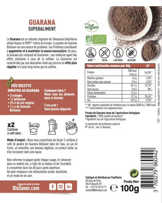 POUDRE DE GUARANA - 100G - COMPLÉMENT ALIMENTAIRE