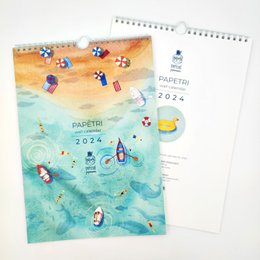 A 2024 wall calendar featuring a whimsical, illustrated design with various nautical and beach-themed elements such as boats, fish, and beach accessories. The calendar pages display a monthly grid layout with colorful illustrations.