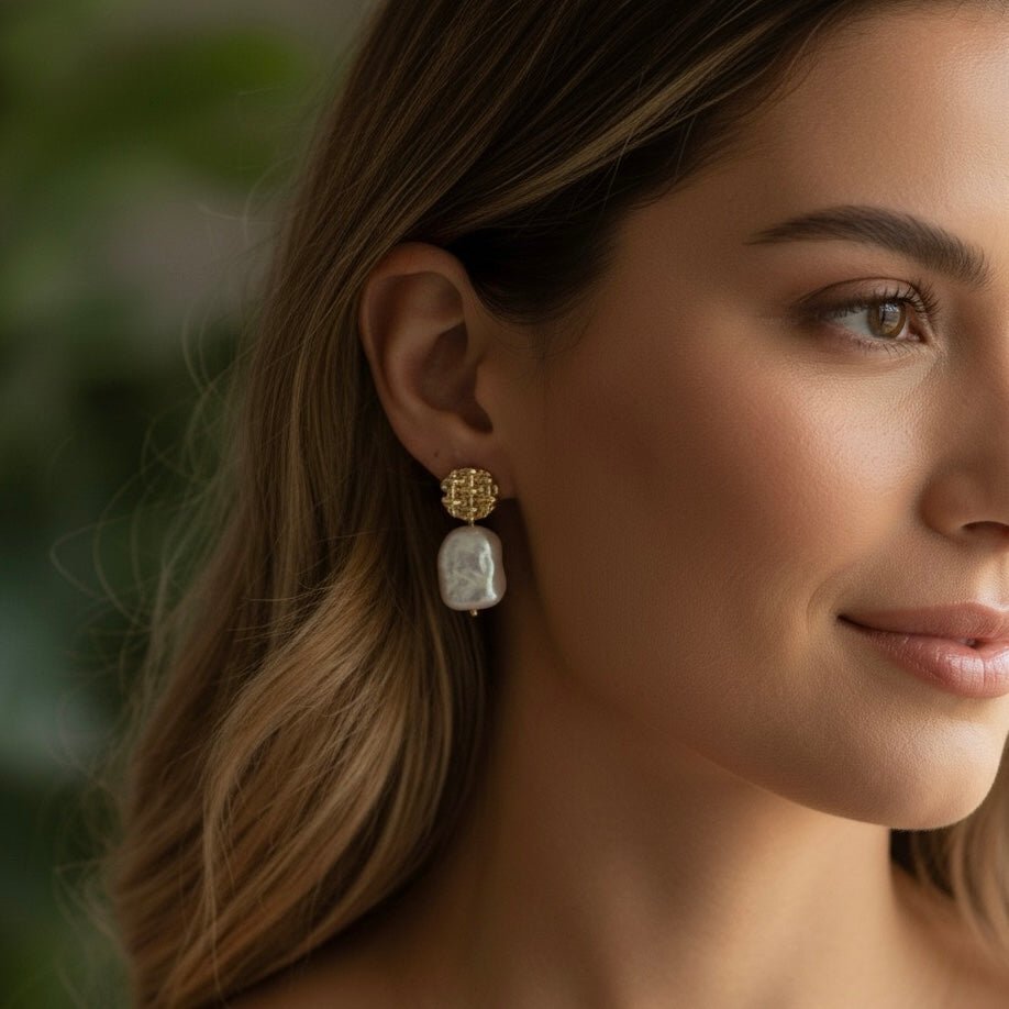 ARYA – Ohrringe mit rechteckiger Barockperle und Goldnadel