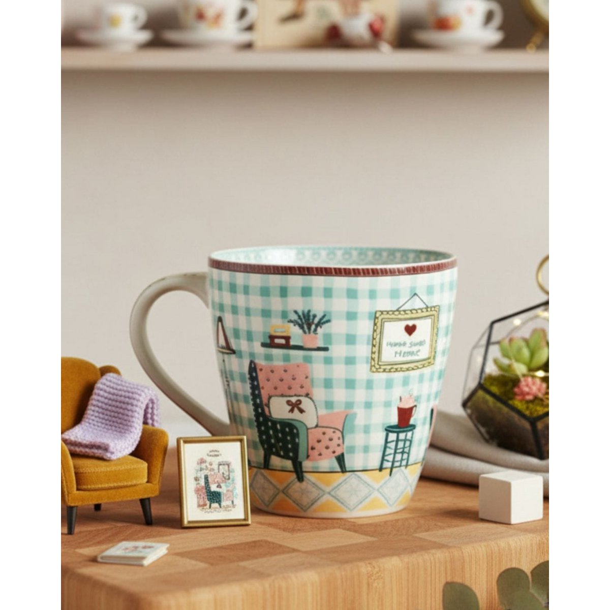 Stoneware Mug - Pastel Checks Interior, 300ml