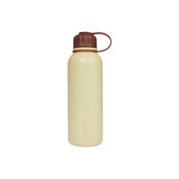  A cream-colored, insulated water bottle with a brown cap and handle. The bottle is designed for keeping liquids hot or cold.