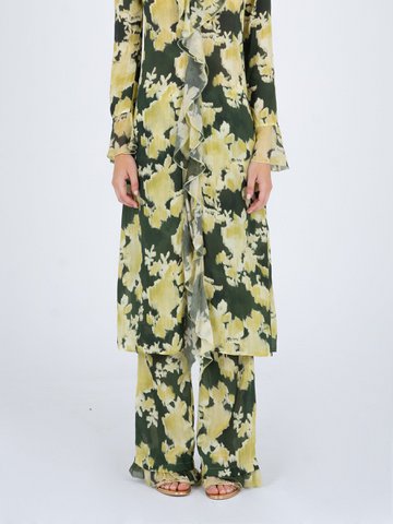 Limefarbene Hose mit Lagunenblumen-Print