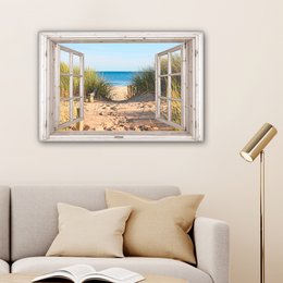 Canvas Maleri - Wall Decoration - View - Beach - Sea - Dunes - Sand - Water - Helmgras