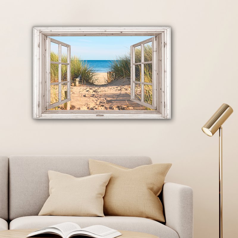 Canvas Maleri - Wall Decoration - View - Beach - Sea - Dunes - Sand - Water - Helmgras