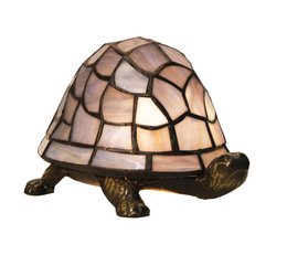 Tiffany blue turtle figurine lamp with a stained glass shell in shades of blue, pink, and white. The lamp has a bronze-colored base and stands on four legs.