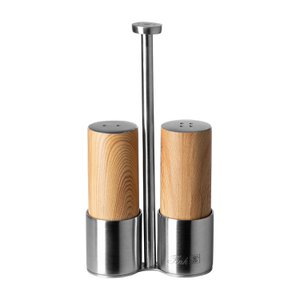 Salt and pepper shakers TIMBER stainless steel printed brown silver diameter 8 cm height 15 cm