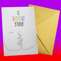 A greeting card with the text "I love you" written in colorful letters, accompanied by a simple line drawing of two people embracing.
