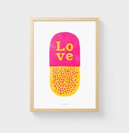 Vibrant wall art print featuring a stylized "love" pill design in pink and yellow. Suitable for home decor or as a gift.