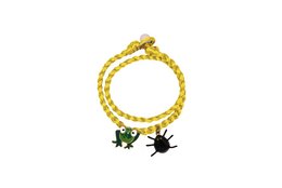 Colorful beaded bracelet with charms in the shape of a spider and a betta fish. The bracelet is made of yellow, violet, green, black, and pink beads, creating a vibrant and playful accessory.