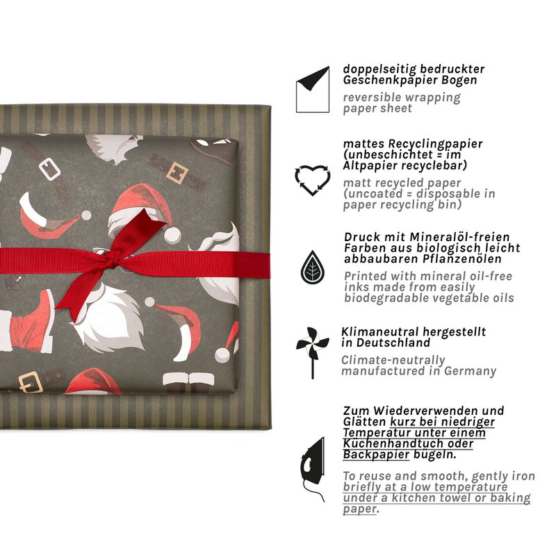 Grünes Weihnachts- Geschenkpapier mit Nikolaus Outfit und grünen Streifen, edles Geschenkpapier Weihnachtsmann , Weihnachts- Geschenkpapier Männer