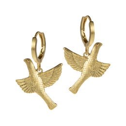 'Gold-toned hoop earrings with bird-shaped charms. The earrings have a simple, elegant design that would complement a variety of outfits.'