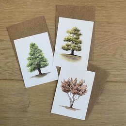 Mini-tickets with tree illustrations, including a bonsai-style tree, a tall tree, and a flowering tree. The cards come in a set with multiple color variants.
