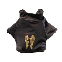Black pet jacket with gold angel wing design, available in sizes XS-XL.