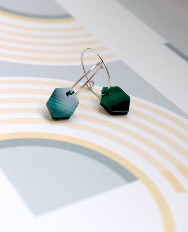 Handmade silver mini hoop earrings malachite marquise