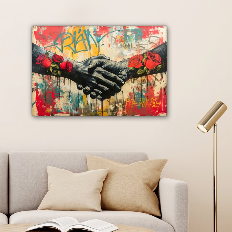Canvas schilderij - Wanddecoratie Graffiti - Rozen - Handen - Street art - Muurdecoratie woonkamer - Slaapkamer decoratie - Kamer accessoires - Schilderijen op canvas