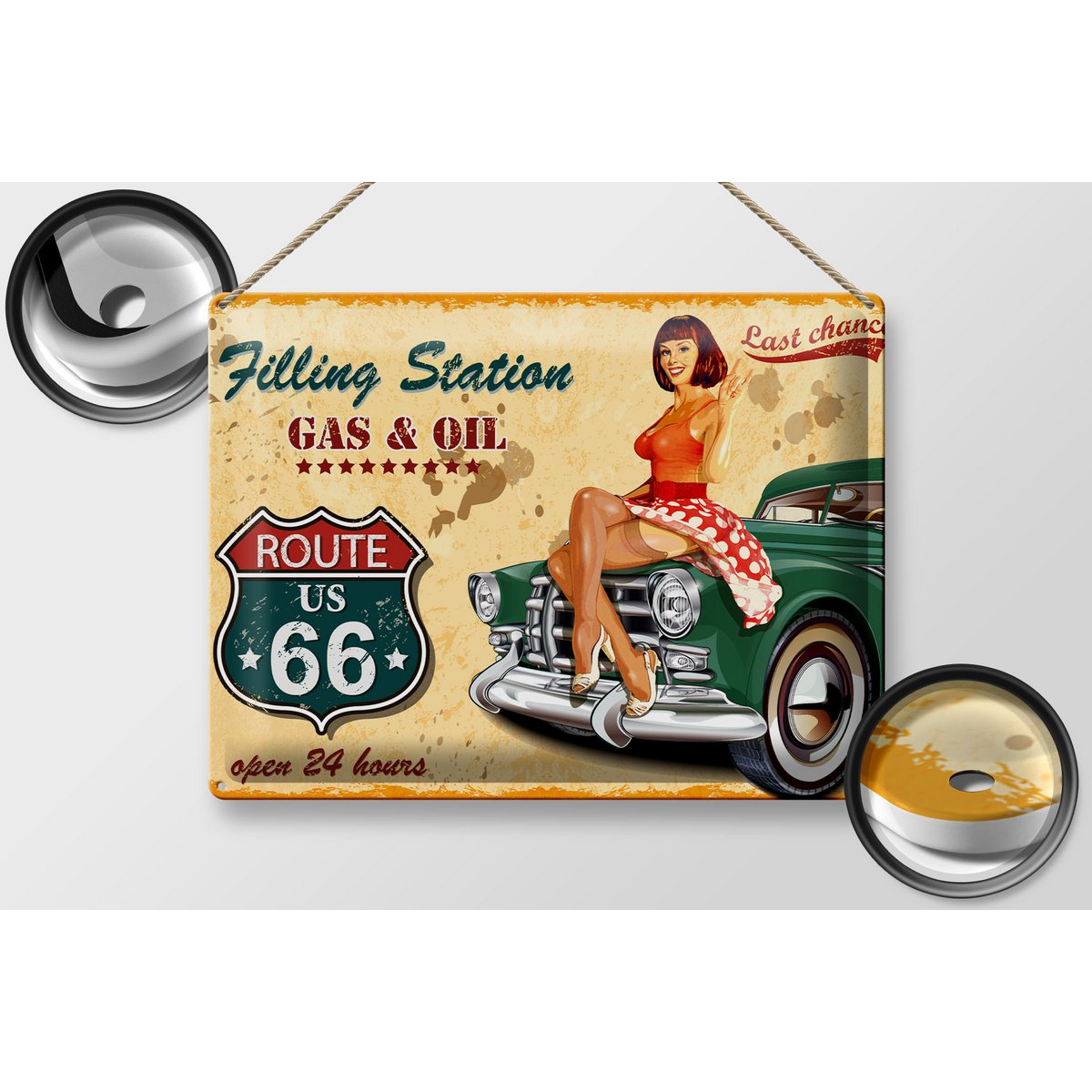 Blechschild Pinup 40x30cm Retro Gas Oil open 24 hours