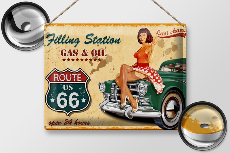Blechschild Pinup 40x30cm Retro Gas Oil open 24 hours